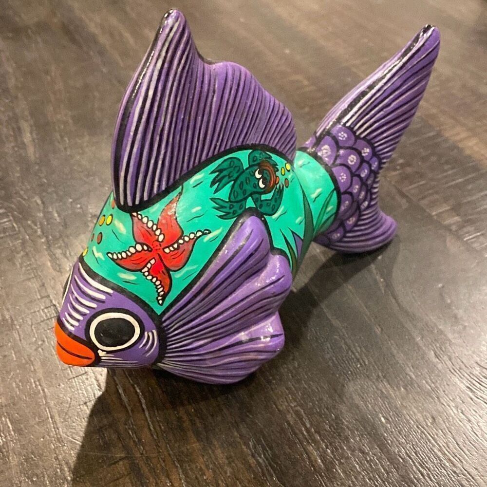 Fish Mexican Hand Painted Terracotta Pottery Purple Green Coastal Beach Decor